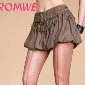 NWT ROMWE Bubble Brown Mini-Skirt size Medium Punk Skort Pleated Belted Tasseled